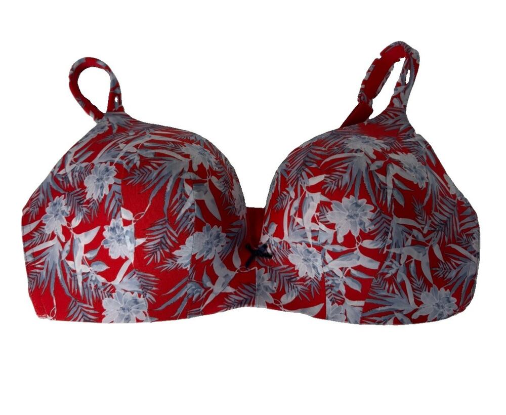 Cacique Simply Wire-Free Plunge Bra 42DD Red Tropical Floral Padded Plus Size